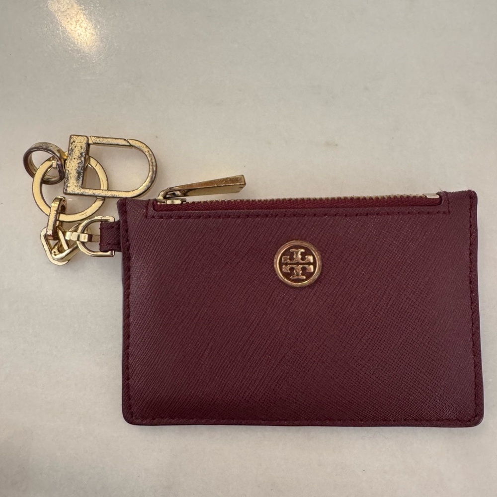 Tory Burch Wine Red Card Holder with Gold Keychain